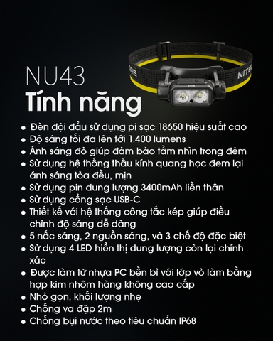 Đèn pin đội đầu NITECORE NU43 sáng 1400 lm chiếu xa 130m pin 18650 3400mAH sạc USB-C