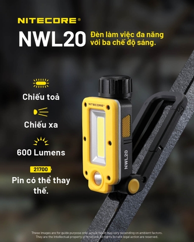 Đèn pin Nitecore NWL20 sáng 600 lumen chiếu xa 93m sạc USB-C, đế nam châm đa năng