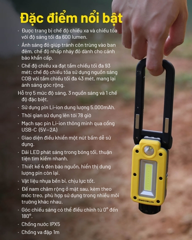 Đèn pin Nitecore NWL20 sáng 600 lumen chiếu xa 93m sạc USB-C, đế nam châm đa năng