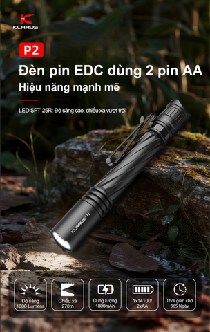 Klarus P2 – Đèn pin EDC 1000 lm siêu gọn, sạc USB-C, dùng pin 14100/AA