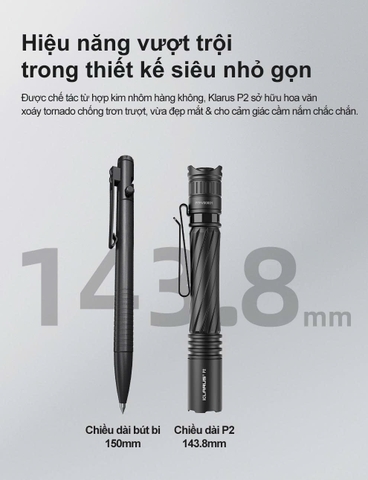 Klarus P2 – Đèn pin EDC 1000 lm siêu gọn, sạc USB-C, dùng pin 14100/AA