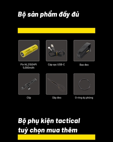 Đèn pin tác chiến NITECORE P23i sáng 3.000 lumen tầm chiếu xa 470m pin 21700i 5000mAh trấu phá kính công tắc đuôi kép phản ứng nhanh