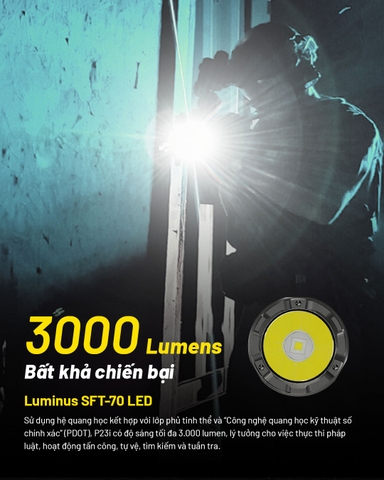Đèn pin tác chiến NITECORE P23i sáng 3.000 lumen tầm chiếu xa 470m pin 21700i 5000mAh trấu phá kính công tắc đuôi kép phản ứng nhanh