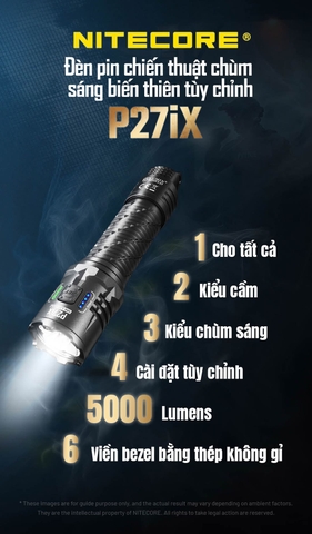 Đèn pin chiến thuật NITECORE P27iX – Sáng 5000 lumen, chiếu xa 430m, pin 5500mAh, sạc nhanh USB-C 18W