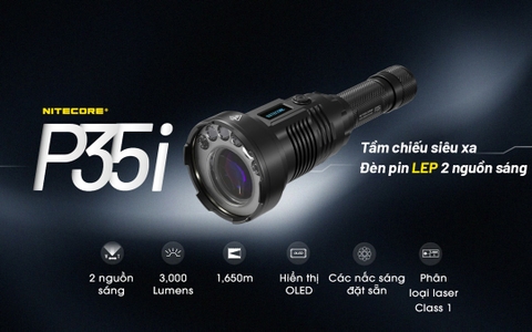 Đèn pin chiếu xa NITECORE P35i sáng 3.000 lumen chiếu xa 1.650m pin 21700 5000mAh màn hiển thị OLED vừa chiếu toả vừa chiếu xa