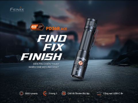 Đèn pin chiến thuật Fenix PD36R ACE 3000 lumen chiếu xa 415m, pin 21700, sạc USB-C