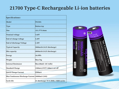 Pin sạc Vapcell P2150A 21700 dung lượng 5000mAh 10A tích hợp cổng sạc USB