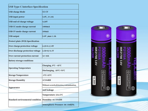 Pin sạc Vapcell P2150A 21700 dung lượng 5000mAh 10A tích hợp cổng sạc USB