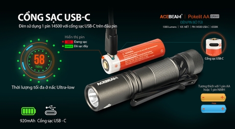 Đèn pin ACEBEAM POKELIT AA độ sáng 1000lm chiếu xa 105m pin 14500 ánh sáng trắng