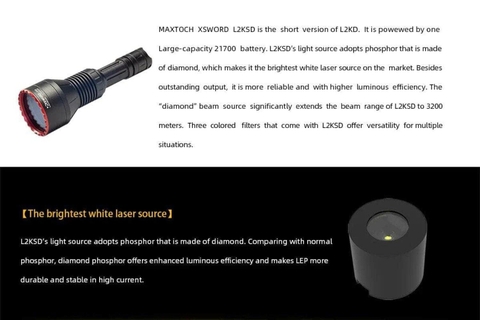 Đèn laser trắng MAXTOCH L2KSD tầm chiếu siêu xa 3200m độ sáng 650 lumen sử dụng 1 pin Li-ion 21700 5000 mAh kèm theo