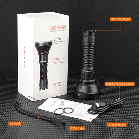 Đèn pin SOFIRN SF26 sáng 2000 lumen chiếu xa 964m pin 21700 sạc USB-C công tắc kép phản ứng nhanh