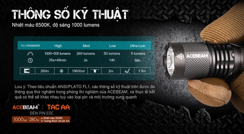 Đèn pin mini ACEBEAM TAC AA sáng 1000lm tầm chiếu xa 280m pin sạc 14500 920mAh