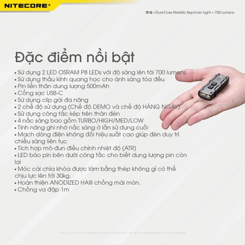 Đèn pin móc khóa NITECORE TIP SE sáng 700 lumens chiếu xa 90m pin dung lượng 500mAh USB-C