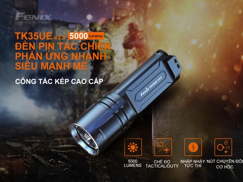 Đèn pin FENIX TK35UE V2.0 sáng 5000 lumen chiếu xa 400m kèm 02 pin sạc Fenix 3400mAh và sạc đôi Vapcell Q2