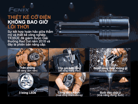 Đèn pin FENIX TK35UE V2.0 sáng 5000 lumen chiếu xa 400m kèm 02 pin sạc Fenix 3400mAh và sạc đôi Vapcell Q2