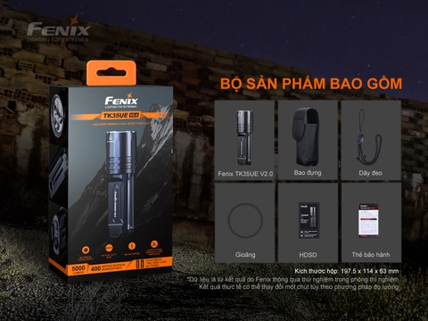 Đèn pin FENIX TK35UE V2.0 sáng 5000 lumen chiếu xa 400m kèm 02 pin sạc Fenix 3400mAh và sạc đôi Vapcell Q2