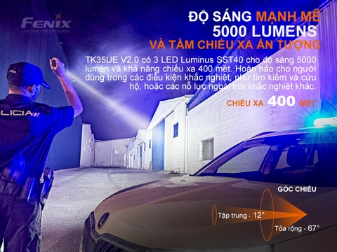 Đèn pin FENIX TK35UE V2.0 sáng 5000 lumen chiếu xa 400m kèm 02 pin sạc Fenix 3400mAh và sạc đôi Vapcell Q2