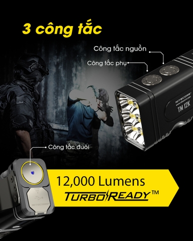 Đèn pin tác chiến NITECORE TM12K sáng 12.000lm tầm chiếu xa 250m công tắc đuôi kép phản ứng nhanh