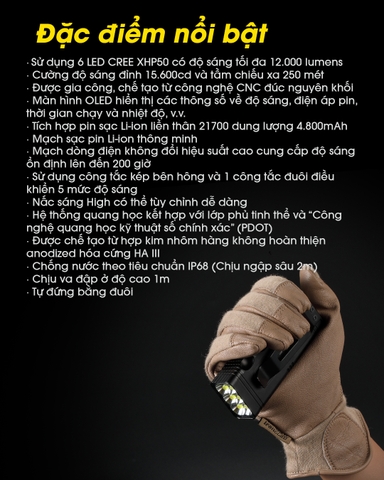 Đèn pin tác chiến NITECORE TM12K sáng 12.000lm tầm chiếu xa 250m công tắc đuôi kép phản ứng nhanh