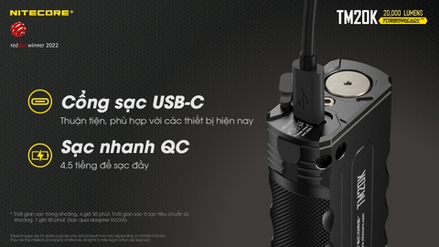Đèn pin tác chiến NITECORE TM20K sáng 20.000 lumens chiếu xa 290m pin 9.600mAh công tắc phản ứng nhanh