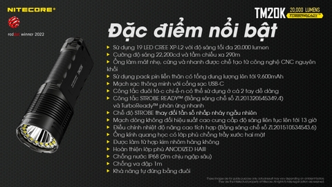 Đèn pin tác chiến NITECORE TM20K sáng 20.000 lumens chiếu xa 290m pin 9.600mAh công tắc phản ứng nhanh