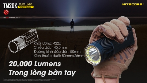 Đèn pin tác chiến NITECORE TM20K sáng 20.000 lumens chiếu xa 290m pin 9.600mAh công tắc phản ứng nhanh