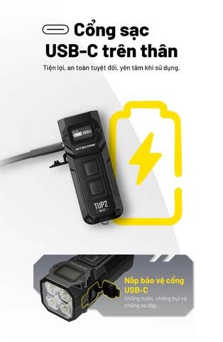 NITECORE TUP2 - Đèn pin móc khóa 1200 lumen 3 nhiệt màu màn OLED, sạc USB-C