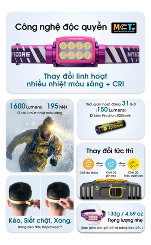 Đèn đội đầu NITECORE UT6 1600 lumen, 3 nhiệt màu, pin 4000mAh chuyên chạy trail