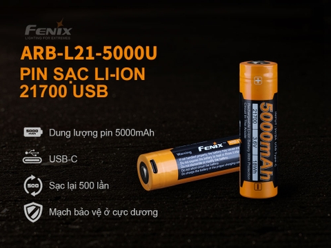 Pin sạc FENIX 21700 dung lượng 5000 mAh cổng sạc USB