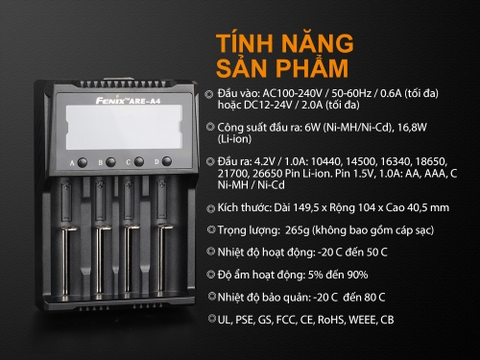 Sạc pin 4 kênh cao cấp đa năng Fenix ARE-A4