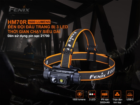 Đèn pin đội đầu FENIX HM70R độ sáng 1600 lumen chiếu xa 186m pin 21700 5000mAH sạc USB C