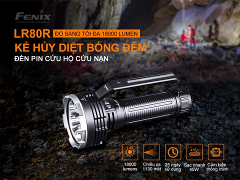 Đèn pin FENIX LR80R độ sáng 18.000 lumen chiếu xa 1130m pin tích hợp 7.2V 12.000mAh sạc USB C kiêm Power Bank