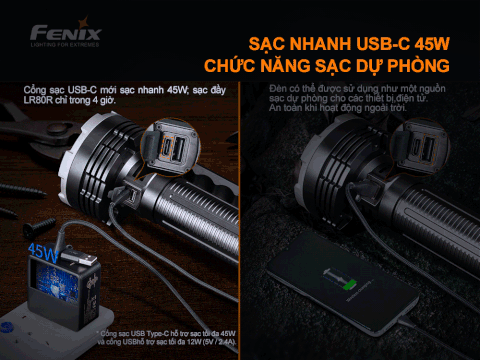 Đèn pin FENIX LR80R độ sáng 18.000 lumen chiếu xa 1130m pin tích hợp 7.2V 12.000mAh sạc USB C kiêm Power Bank