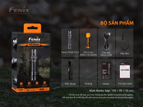 Đèn pin FENIX PD35 V3.0 độ sáng 1700 lumen chiếu xa 357m pin sạc 18650 2600mAh kèm theo