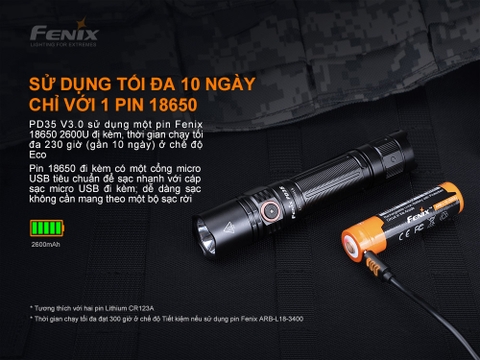 Đèn pin FENIX PD35 V3.0 độ sáng 1700 lumen chiếu xa 357m pin sạc 18650 2600mAh kèm theo