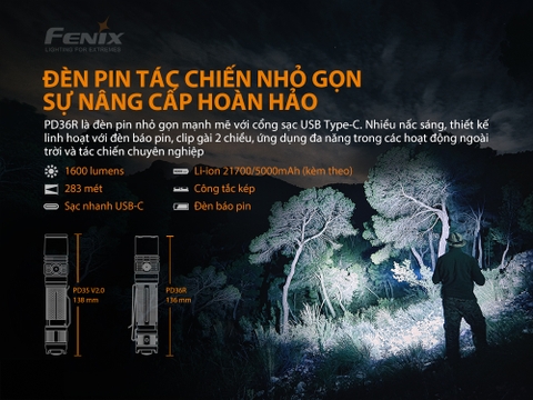 Đèn pin FENIX PD36R độ sáng 1600lm chiếu xa 283m sạc USB C pin 21700 5000mAh kèm theo