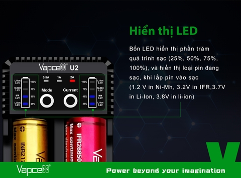 Sạc pin đôi thông minh VAPCELL U2 dòng sạc nhanh 2A