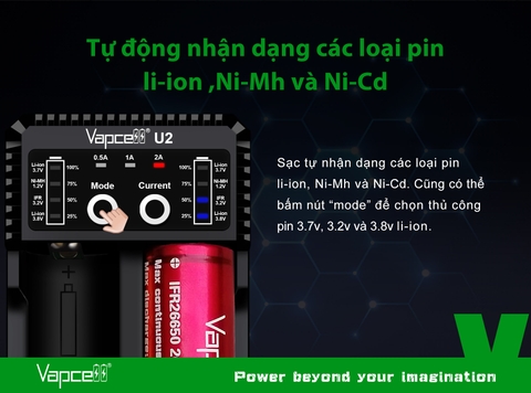Sạc pin đôi thông minh VAPCELL U2 dòng sạc nhanh 2A