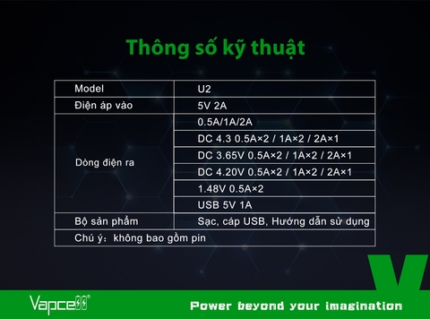 Sạc pin đôi thông minh VAPCELL U2 dòng sạc nhanh 2A