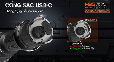 Đèn pin LEP zoom điện tử ACEBEAM W35 sáng 800lm chiếu siêu xa 2600m thấu kính DO pin 21700 5000mAh sạc USB-C