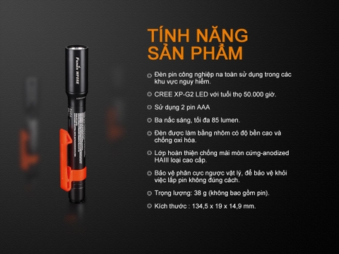 Đèn pin công nghiệp FENIX WF05E độ sáng 85 lumen tầm chiếu xa 54m chống cháy nổ sử dụng 2 pin kiềm AAA