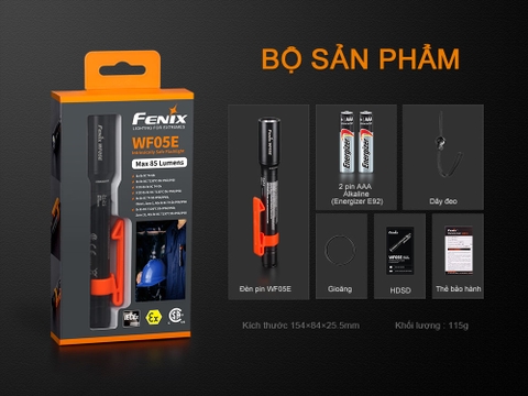 Đèn pin công nghiệp FENIX WF05E độ sáng 85 lumen tầm chiếu xa 54m chống cháy nổ sử dụng 2 pin kiềm AAA