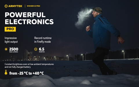 Đèn pin đội đầu ARMYTEK WIZARD C2 PRO nhiệt màu 6500K sáng 2500 lumen chiếu xa 131m sạc nam châm đuôi pin 18650 3500mAh (kèm theo)