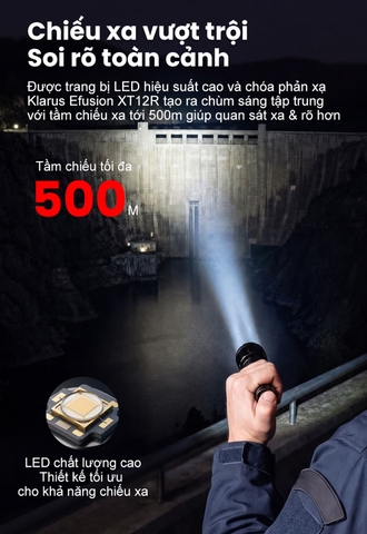 Đèn Chiến Thuật KLARUS XT12R Sáng 2000 Lumen Chiếu Xa 500m Sạc USB-C