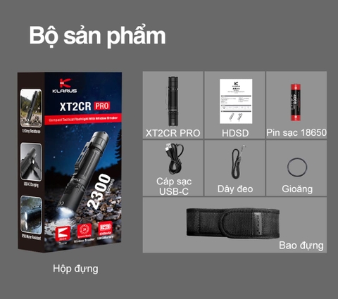 KLARUS XT2CR PRO Đèn pin tác chiến phản ứng nhanh 2300 lumen chiếu xa 360m sạc USB-C