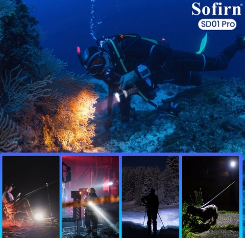 Đèn lặn SOFIRN SD01 Pro sáng 10.000 lumen chiếu xa 377m 3 LED Cree XHP50.2 chịu sâu 100 mét 4 pin 18650