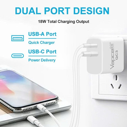 Củ sạc nhanh Vapcell QC3 18W – 2 cổng USB-A & USB-C, hỗ trợ QC3.0/PD