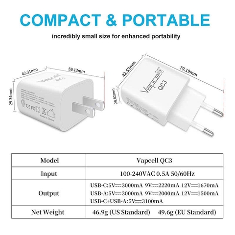 Củ sạc nhanh Vapcell QC3 18W – 2 cổng USB-A & USB-C, hỗ trợ QC3.0/PD