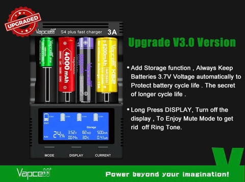 Sạc Vapcell S4 Plus V3.0 USB-C – 4 khe 3A, Test dung lượng, Repair, powerbank