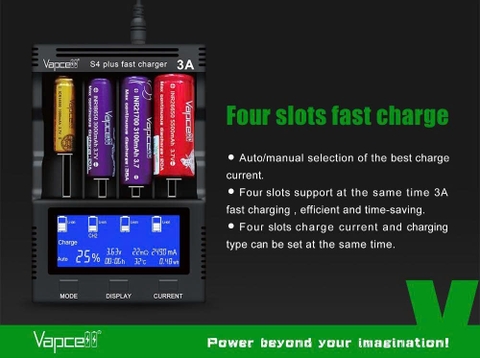 Sạc Vapcell S4 Plus V3.0 USB-C – 4 khe 3A, Test dung lượng, Repair, powerbank